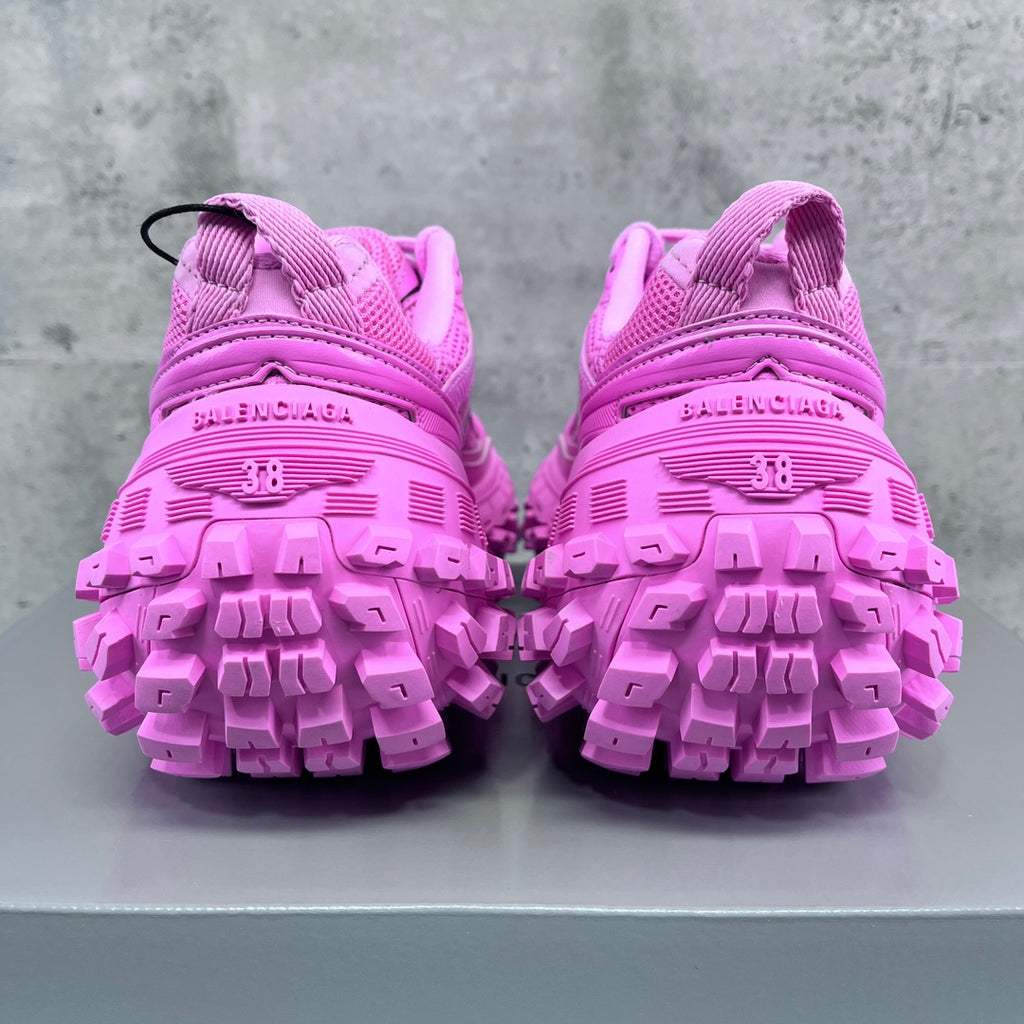 Balenciaga unisex sneakers back view in bright pink with thick lug tread and branding