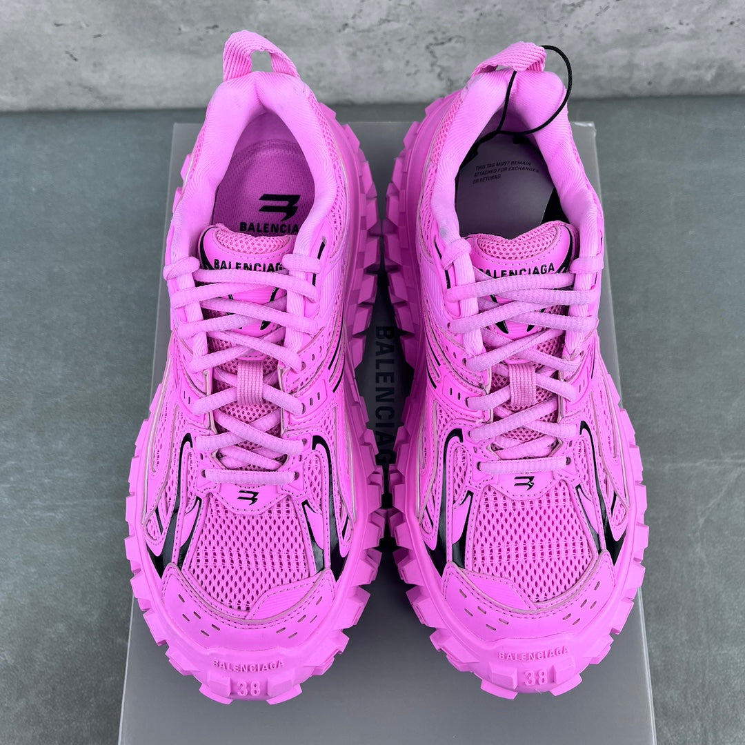 Balenciaga unisex sneakers heel-to-heel view in bright pink with lace-up uppers