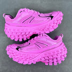 Balenciaga unisex sneakers pair view, bright pink upper with black stripes and lug sole