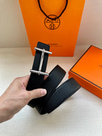 Hermes belt, black textured leather with silver double-prong buckle