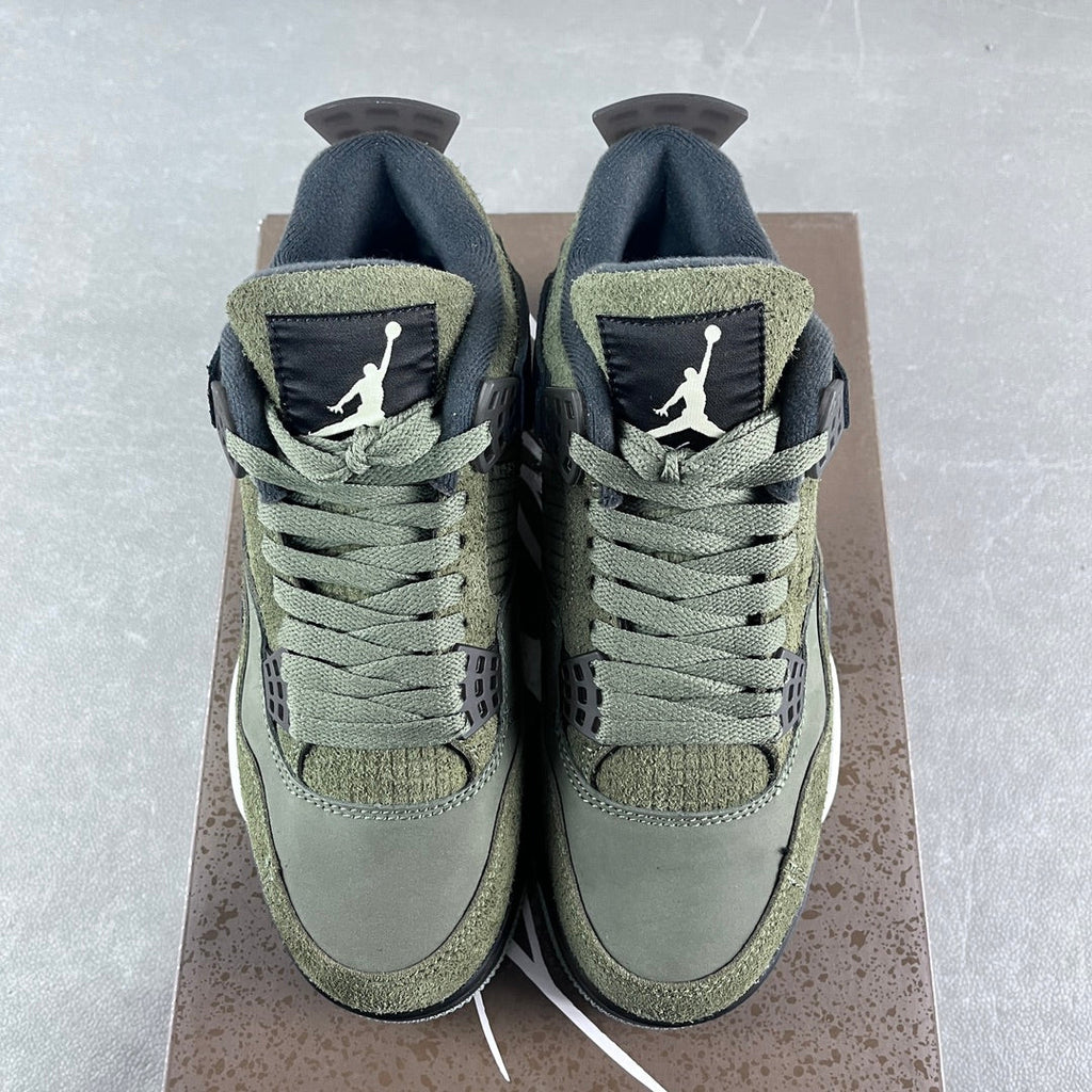 Olive high-top sneakers front view with navy heel tabs and white Air midsole