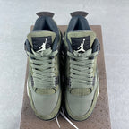 Olive high-top sneakers front view with navy heel tabs and white Air midsole