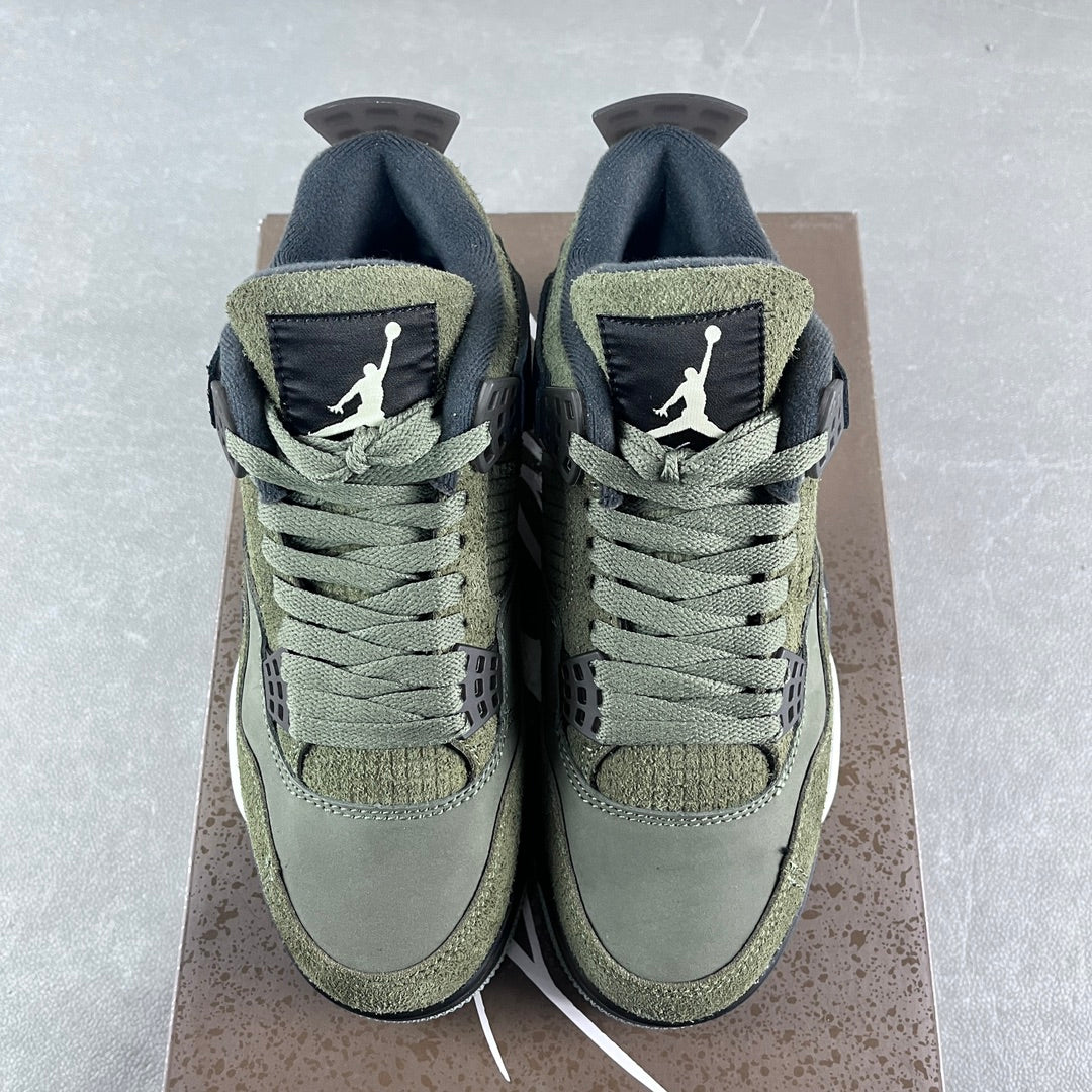 Olive high-top sneakers front view with navy heel tabs and white Air midsole