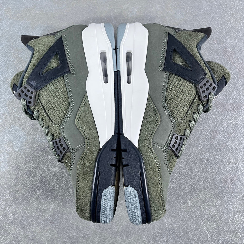 Olive and navy high-top sneakers top view with white Air windows on the sole