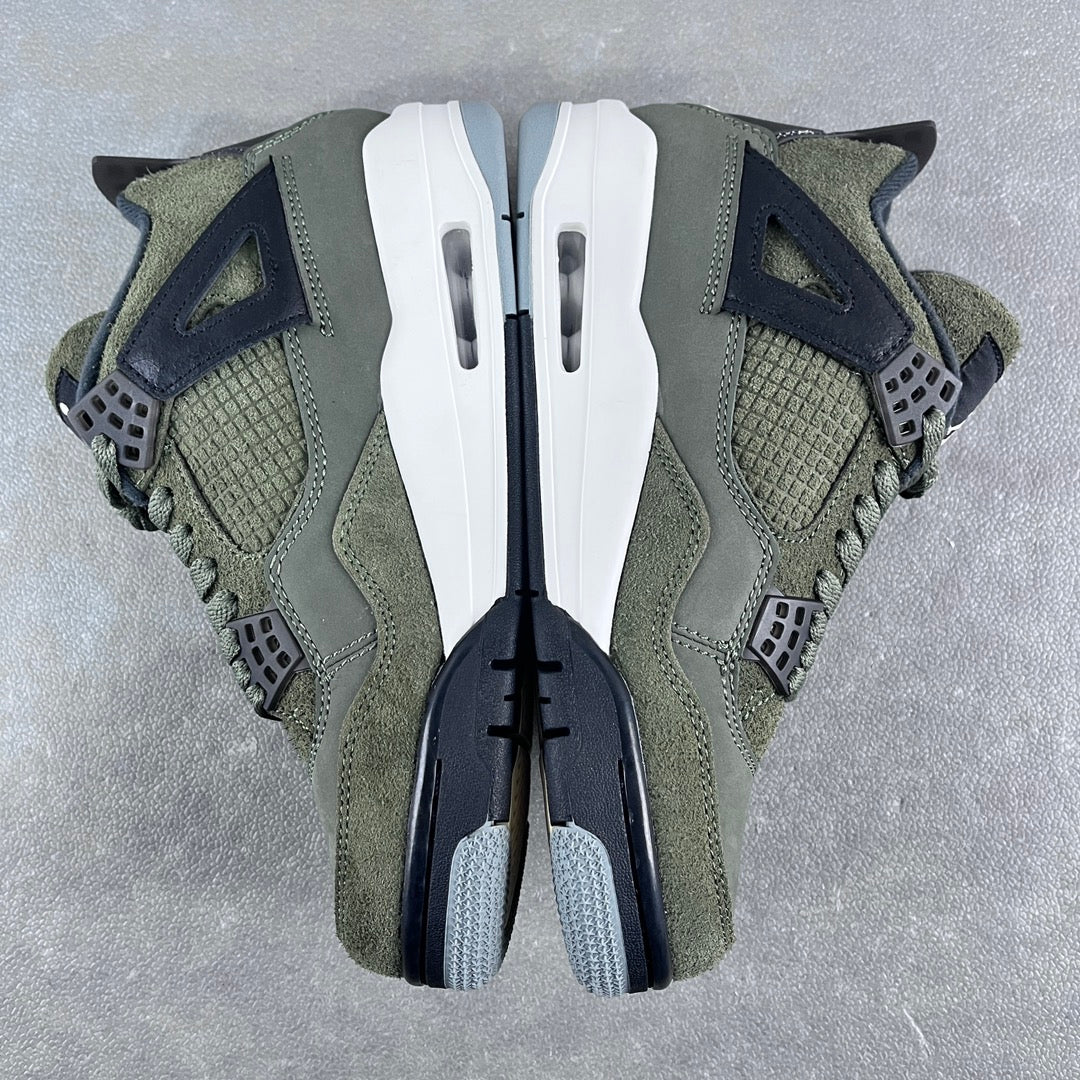Olive and navy high-top sneakers top view with white Air windows on the sole