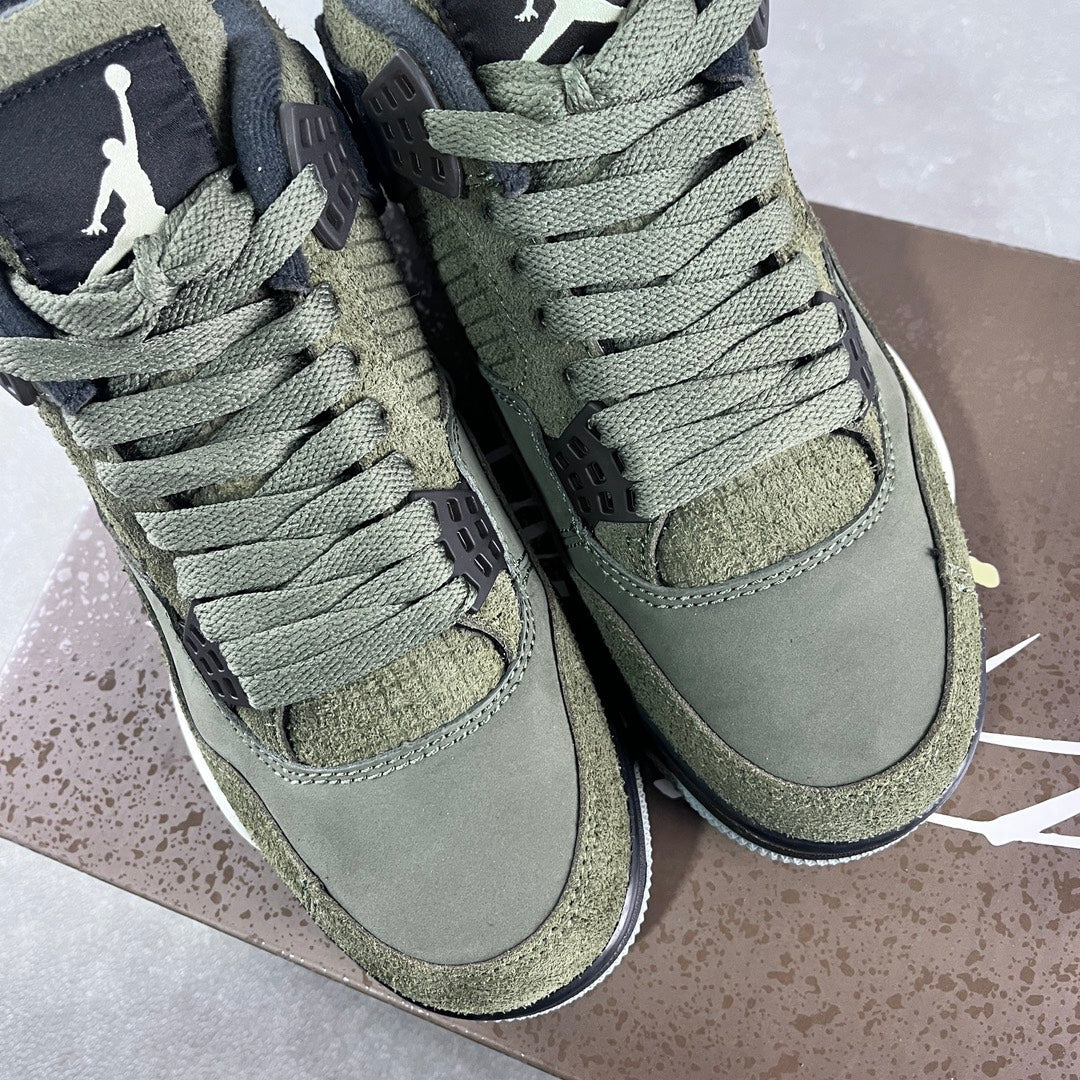 Olive high-top sneakers with gray laces, padded tongue, and side mesh panels