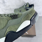 Olive suede high-top sneaker with dark navy lace wings and white midsole