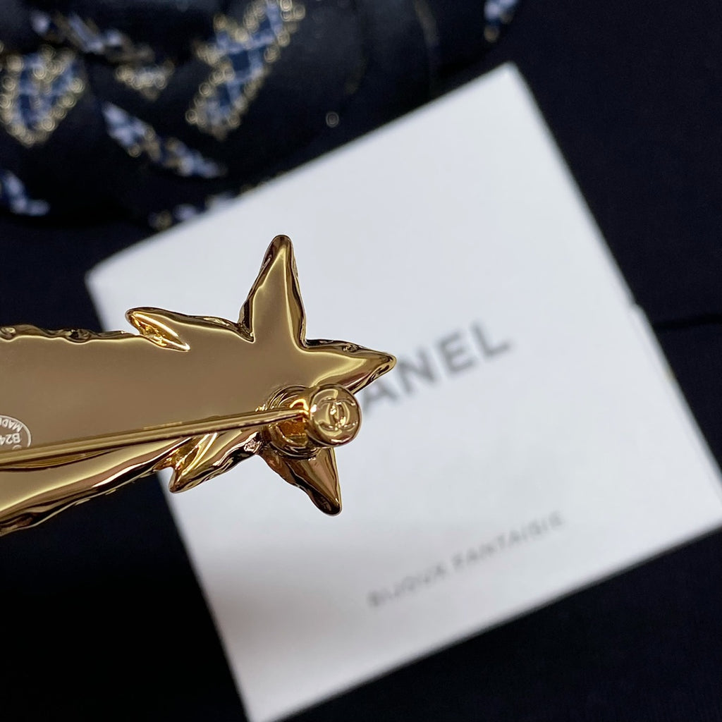Close-up of gold-tone star brooch clasp and emblem on Bijoux Fantaisie card