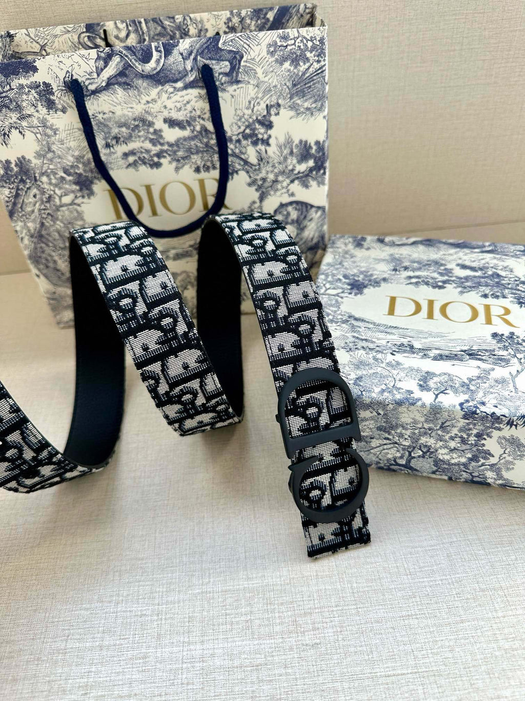 Dior belt with black-and-blue logo pattern strap and round buckle hardware