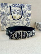 Dior belt, blue logo-print canvas with round-oval metal buckle