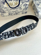 Dior belt on black leather strap, blue and dark logo buckle centered