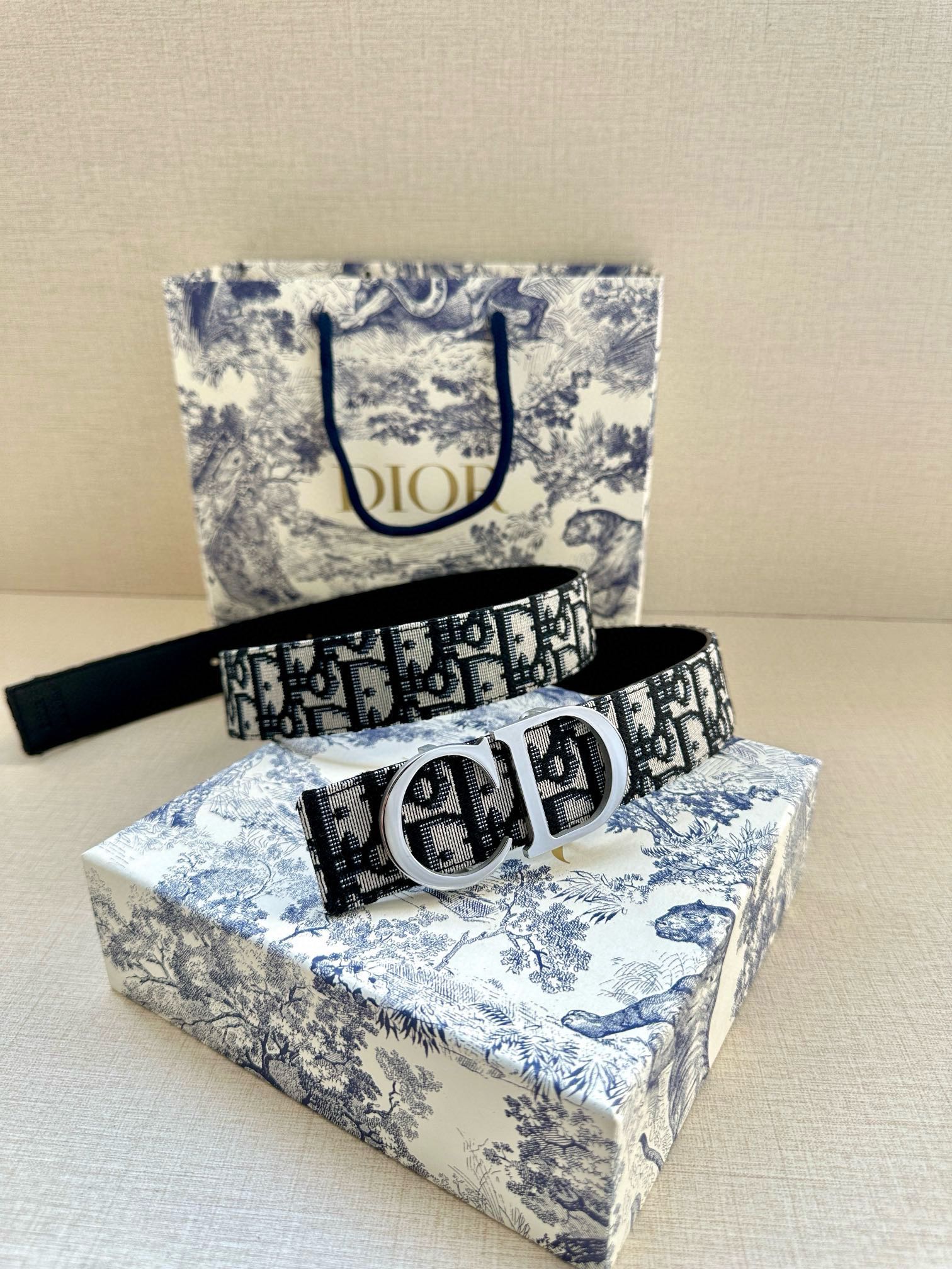 Designer belt with black-and-white Dior monogram strap and silver buckle with keeper