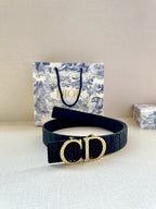 Dior belt with gold CD buckle on dark blue fabric strap