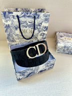 Dior belt in dark blue with gold CD buckle against blue patterned box