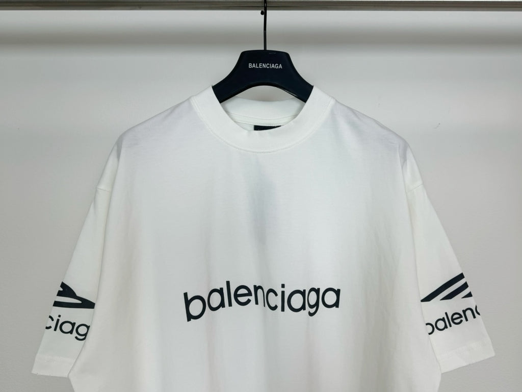White Balenciaga T-shirt with centered 'balenciaga' wordmark and logo on sleeves