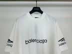 White Balenciaga T-shirt with centered 'balenciaga' wordmark and logo on sleeves