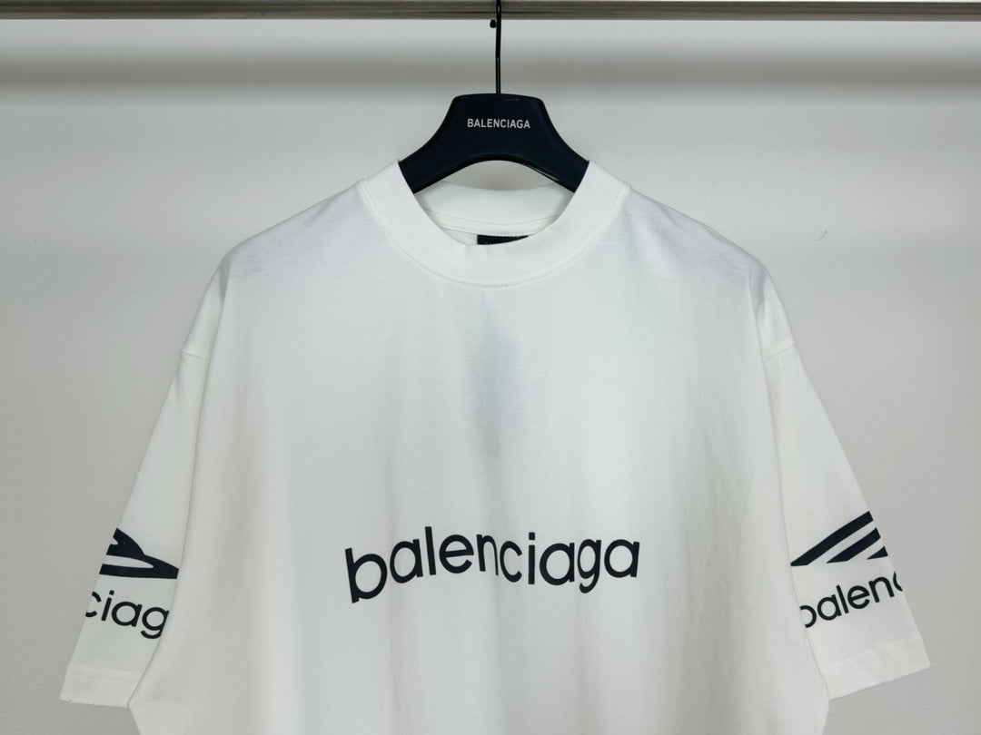 White Balenciaga T-shirt with centered 'balenciaga' wordmark and logo on sleeves