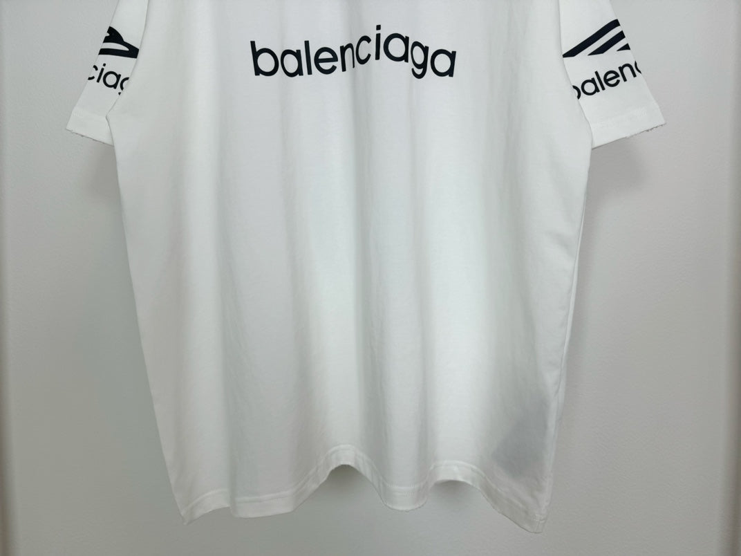 White Balenciaga T-shirt with 'balenciaga' wordmark on chest and curved hem