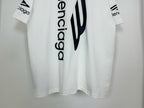 White Balenciaga T-shirt close-up of vertical 'balenciaga' logo on back