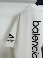 White Balenciaga T-shirt sleeve logo with 'balenciaga' back text detail