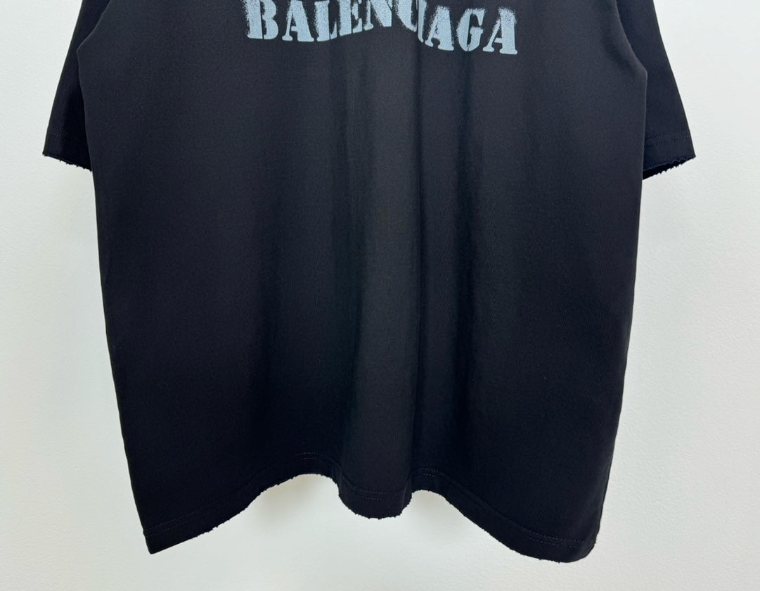 Dark Balenciaga T-shirt with partial front logo text, short sleeves