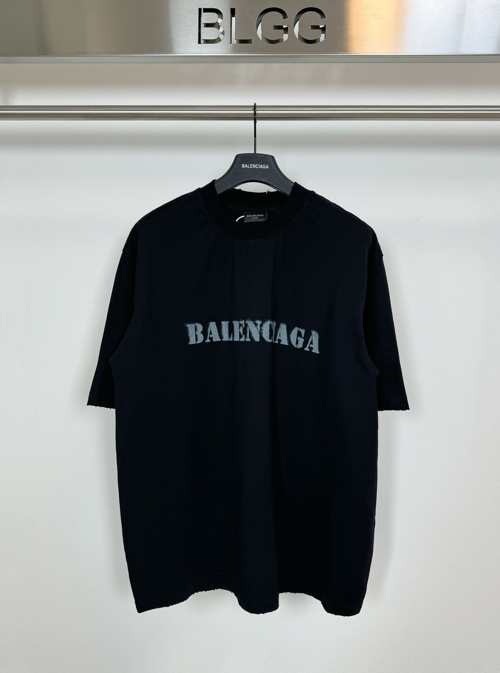 Dark Balenciaga T-shirt with large front logo print, short sleeves, crew neck