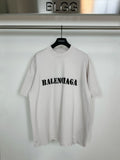 White short-sleeve T-shirt with black BALENCIAGA logo on the chest