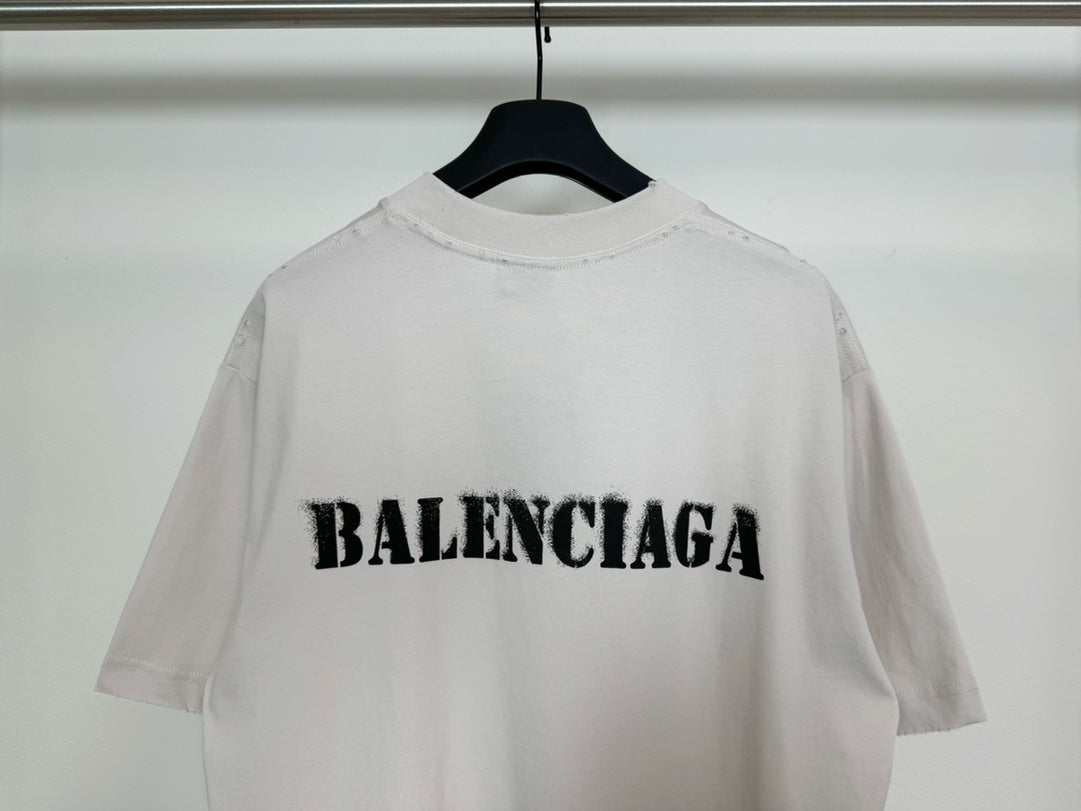 White short-sleeve T-shirt with black BALENCIAGA logo on the back