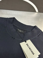 Navy Balenciaga crewneck short-sleeve top with neck label and paper tag