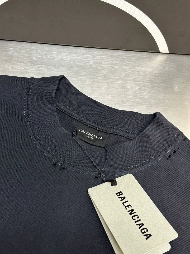 Navy Balenciaga crewneck short-sleeve top with neck label and paper tag