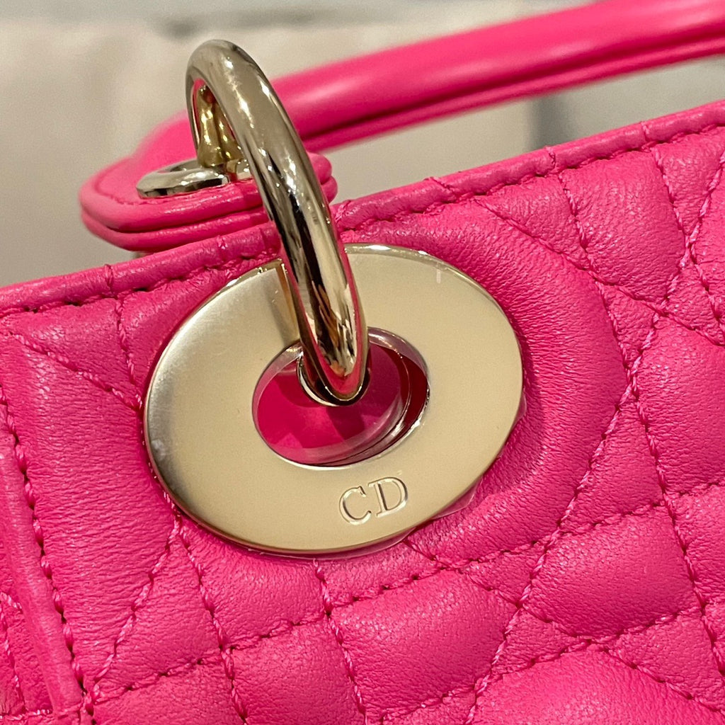 Gold round Dior logo plate on pink quilted handbag handle