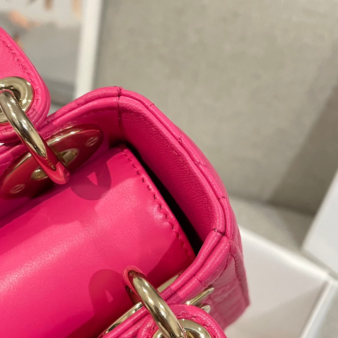 Pink bag opening with smooth leather lining and gold ring handle hardware