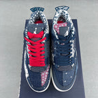 Two navy sneakers with red lace-up front, white midsoles, and lace-area graphics
