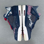 Top-down view of navy sneakers with red lace accents, white midsoles, and vents