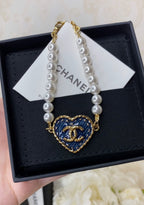 Blue heart enamel pendant pearl-bead bracelet with gold chain and logo charm