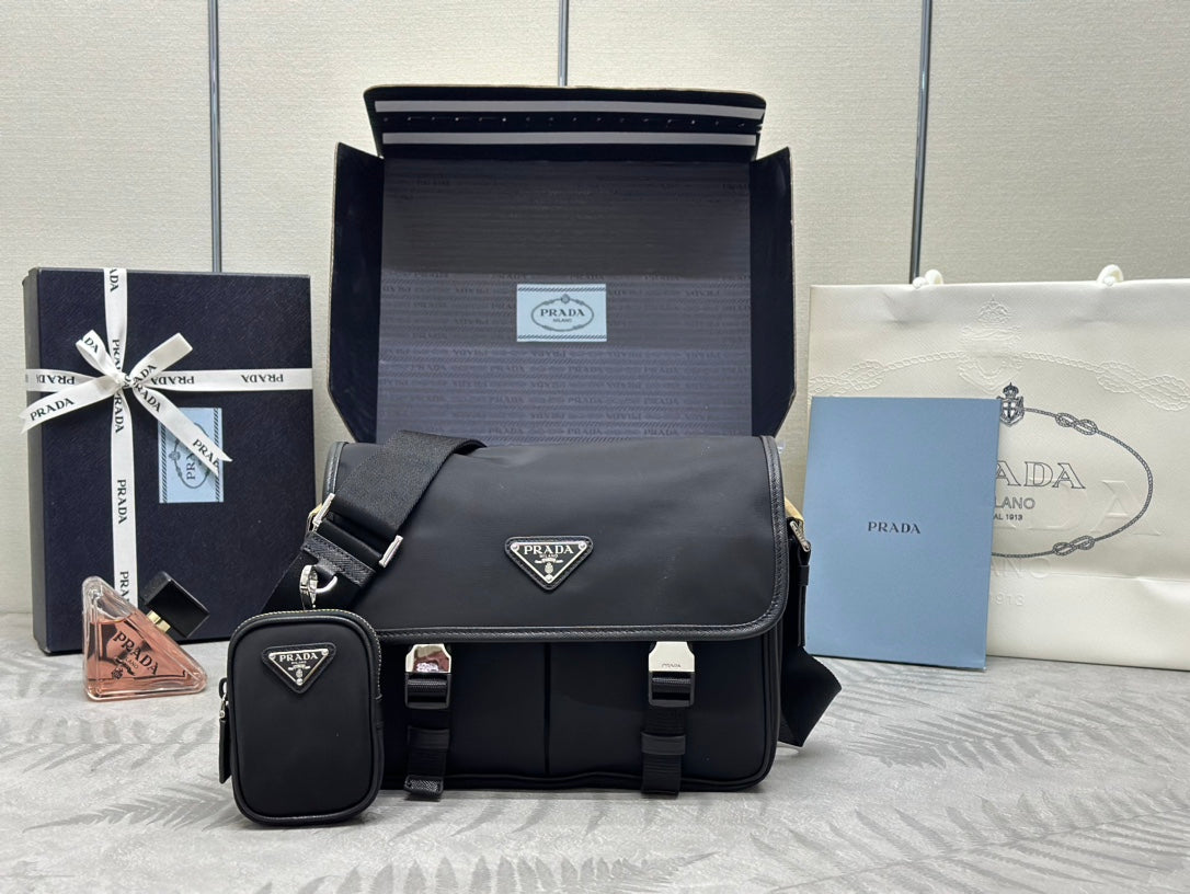 Prada flap crossbody bag with triangular logo, adjustable strap, black leather