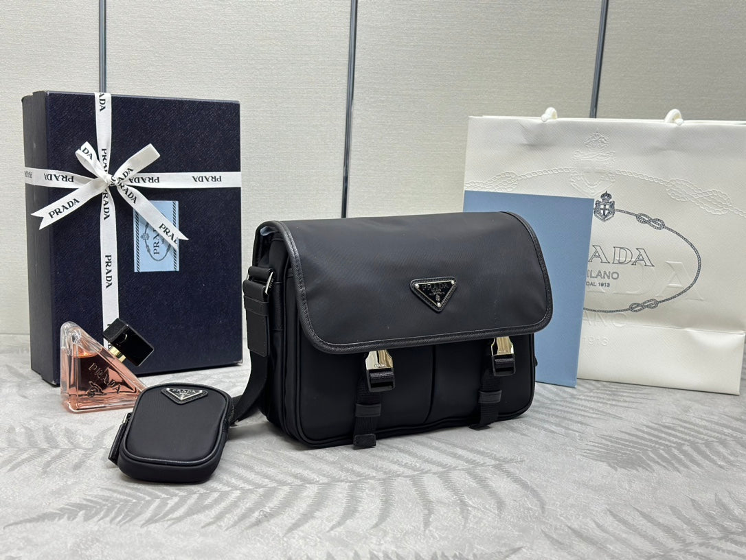 Prada flap shoulder bag with triangular logo, front buckle straps, black