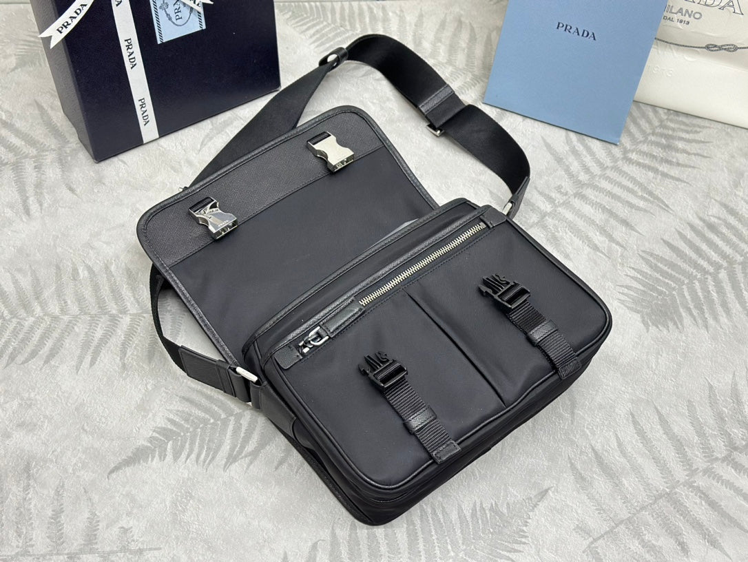 Prada organizer-style bag with two buckle straps and top zip, black