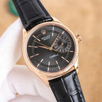 Cellini wristwatch with black sunburst dial, rose-gold case, and black leather strap
