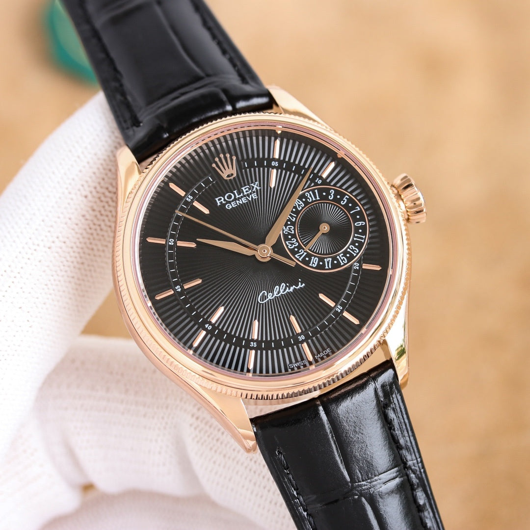Cellini wristwatch with black sunburst dial, rose-gold case, and black leather strap