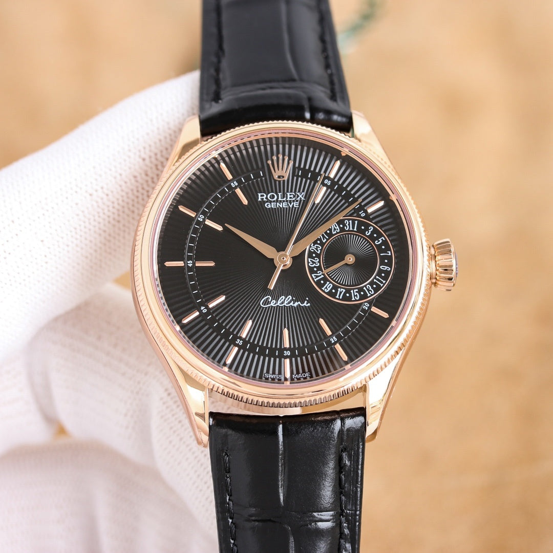 Cellini wristwatch with black dial, rose-gold case, and black leather strap