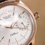 Cellini wristwatch close-up with white dial, rose-gold bezel, and subdial at 3