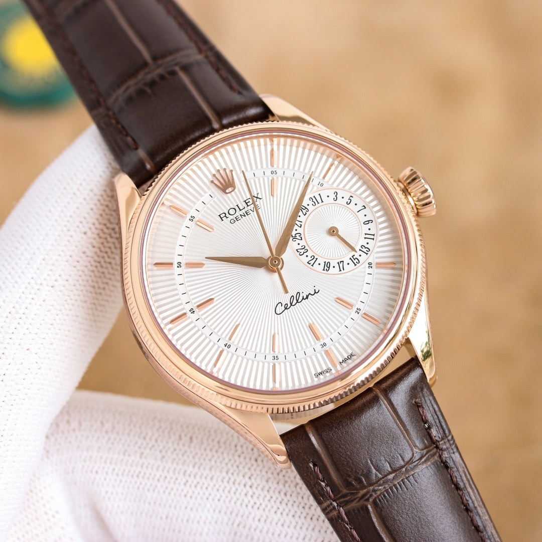 Cellini wristwatch with white dial, rose-gold case, and dark-brown leather strap
