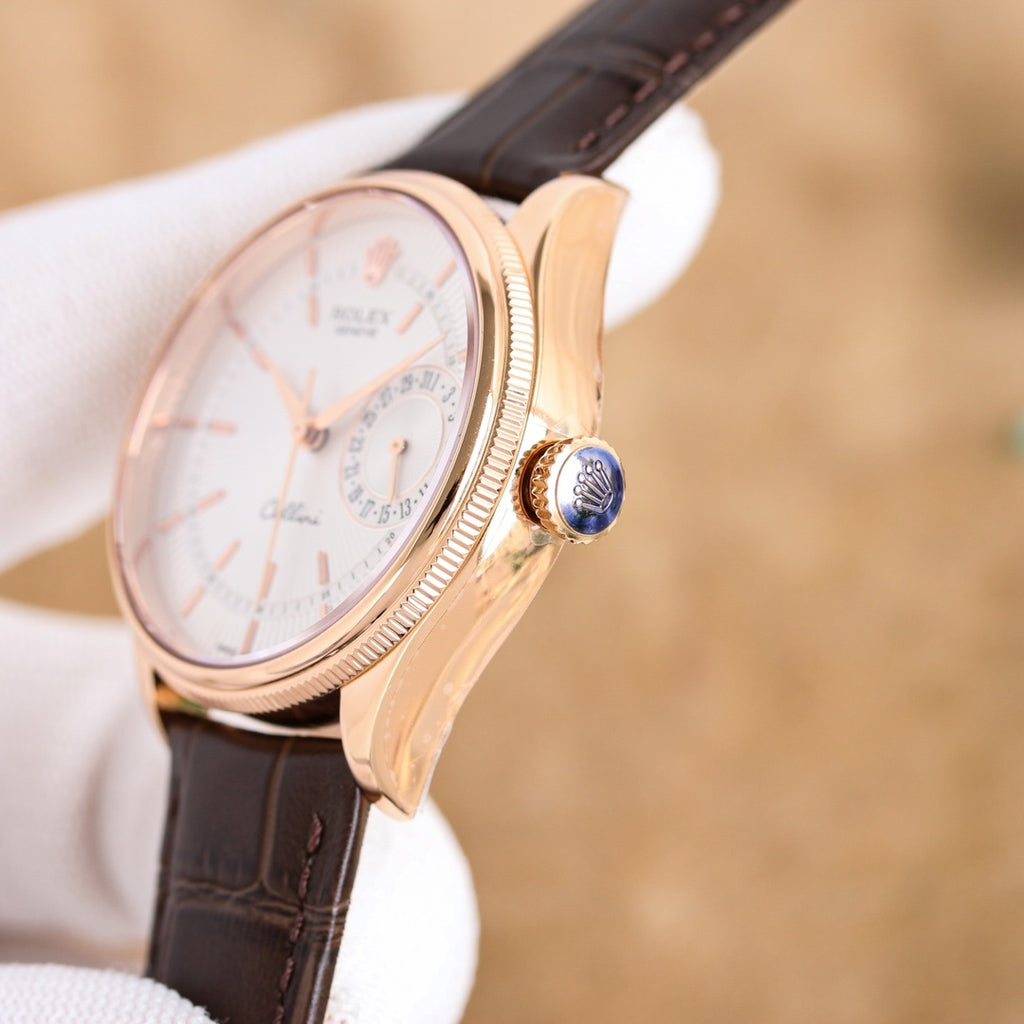 Cellini wristwatch side view with crown and button, white dial, and brown leather strap