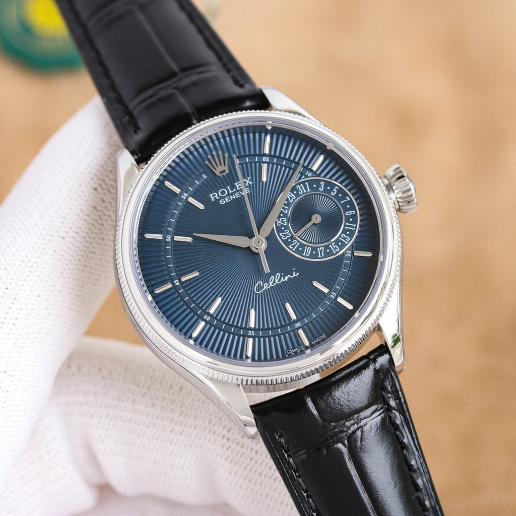 Rolex wristwatch with black leather strap and blue textured dial, silver-tone case