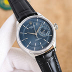 Rolex wristwatch with black leather strap and blue textured dial, silver-tone case