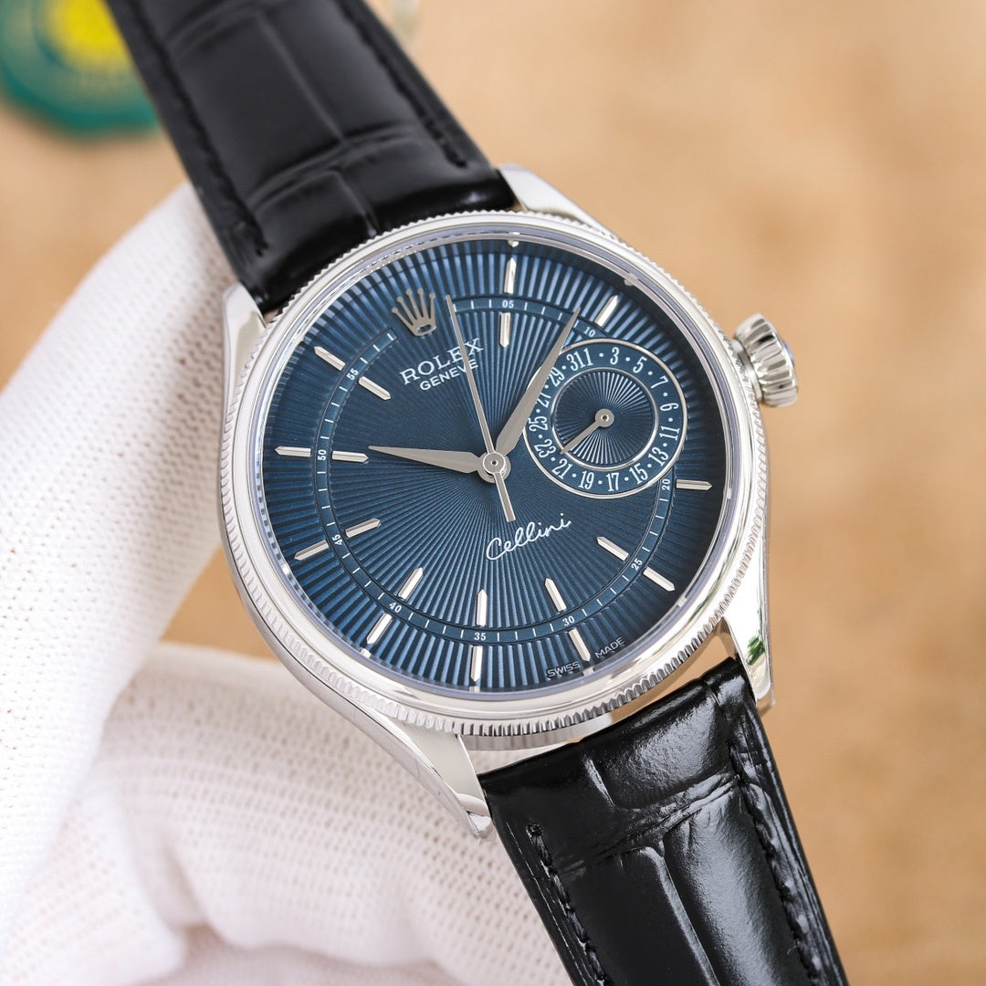 Rolex wristwatch with black leather strap and blue textured dial, silver-tone case