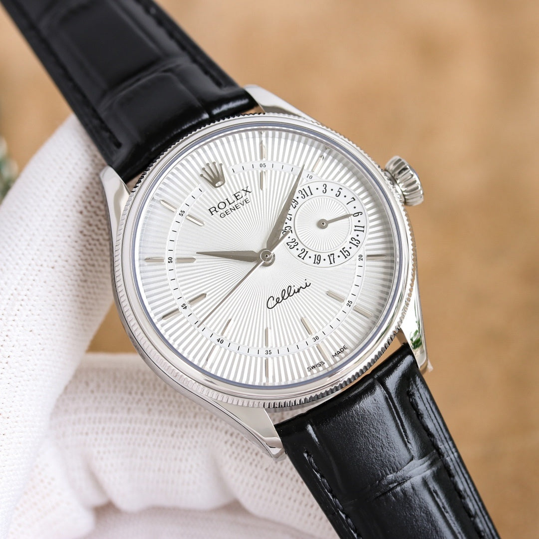 Rolex wristwatch with black leather strap and white dial, silver-tone case