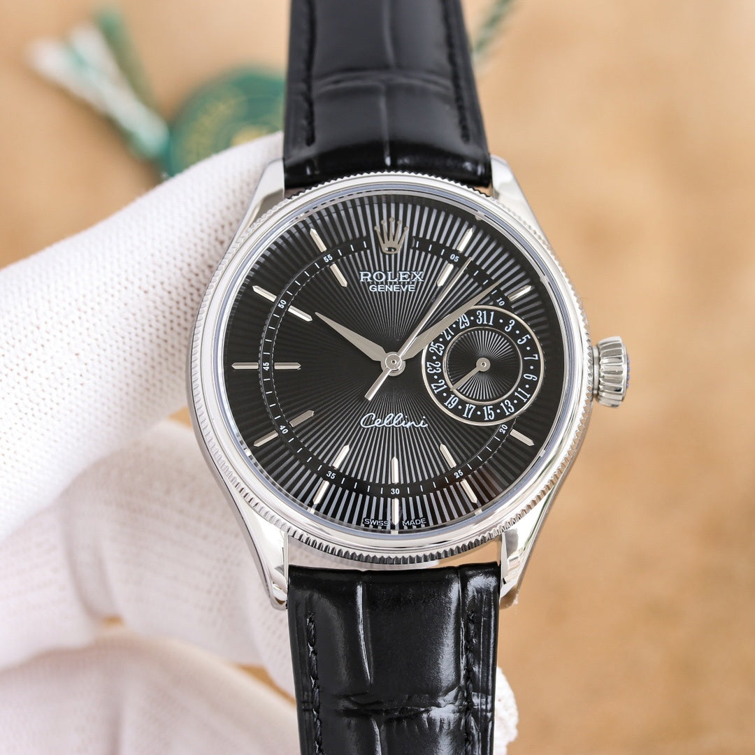 Rolex wristwatch with black leather strap and black dial, silver-tone case