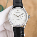 Rolex wristwatch with black leather strap and white dial, silver-tone case